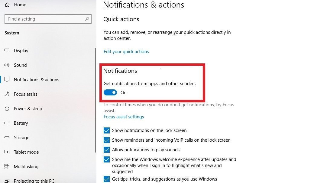 Windows 10 Notification ON